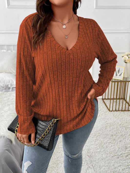 Women’s Rust Brown Frenchy V Neck Marled Knit Tee