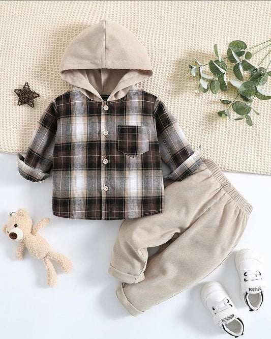 Baby Boy Plaid Print Hooded Shirt & Pants