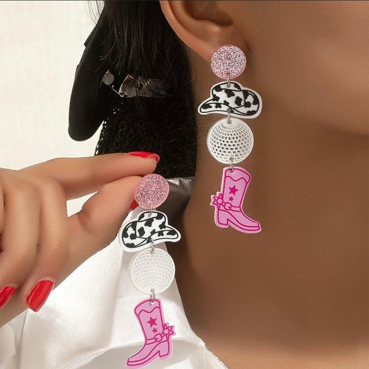 Hat & Cowgirl Boots Disco Ball Earrings