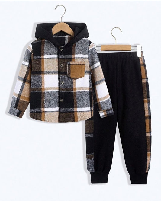 Young Boy Plaid Print Hooded Shirt & Sweatpants