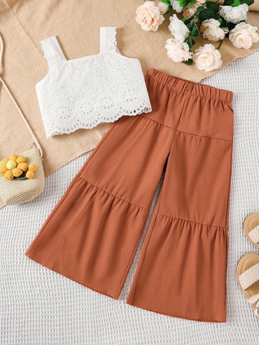 Toddler Girls Embroidery Top & Layer Hem Wide Leg Pants Set