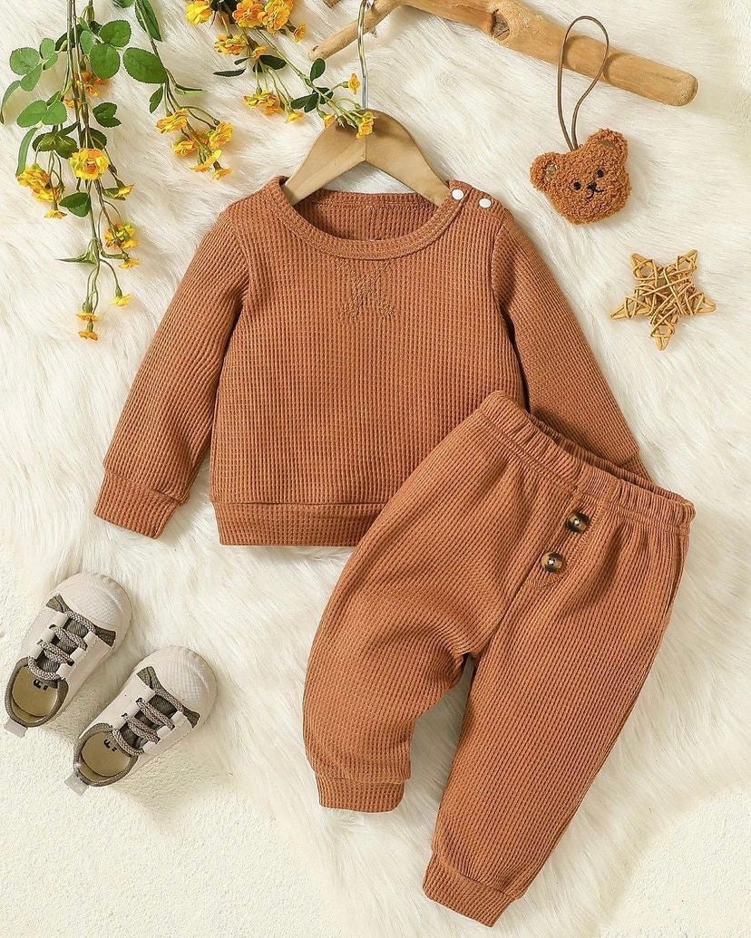 Baby Waffle Knit Sweatshirt & Fake Button Sweatpants