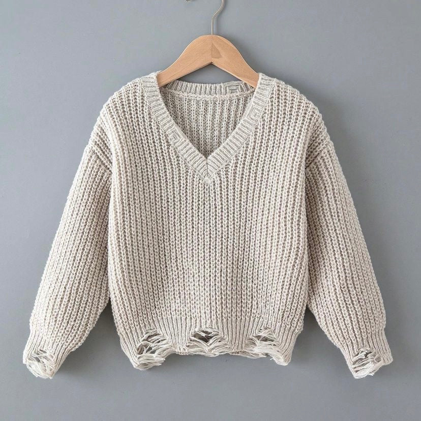 Young Girl Ripped Drop Shoulder Sweater