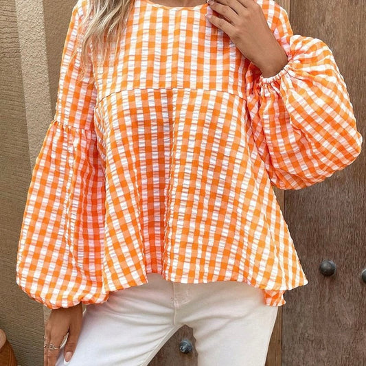 Women’s Gingham Print Lantern Sleeve Peplum Blouse